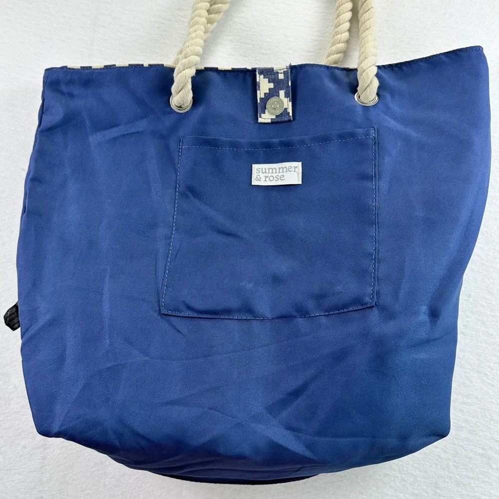 Summer & Rose Navy Blue Geometric Canvas Tote Bag Rope Handle Nautical Beach Bag